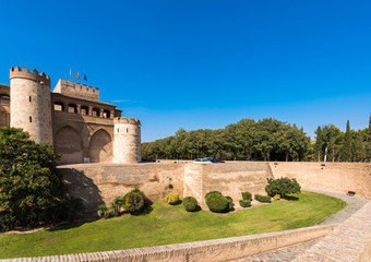 Obraz premium View of the palace Aljaferia, built in the 11th century in Zaragoza, Spain. Copy space for text.