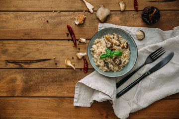 Mushroom risotto on white plate, close up view