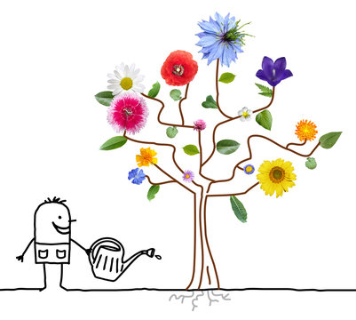 Cartoon Gardener Watering Flowering Tree