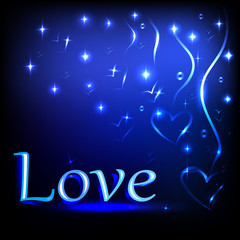 Layout of neon hearts and stars and dark background