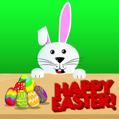 Easter bunny with Happy Easter text and colored eggs on a desk. Vector cartoon character illustration.