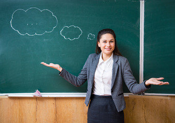 indecisive teacher standing at the blackboard