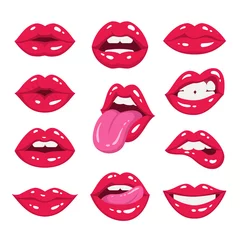 Poster Red lips collection. Vector illustration of sexy woman's lips expressing different emotions, such as smile, kiss, half-open mouth, biting lip, lip licking, tongue out. Isolated on white. © nadzeya26