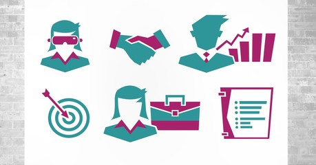 Various business icons on white board