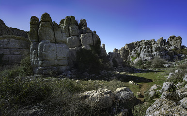 Panorama view of Torcal de Antequera in Malaga, Spain, an impressive karst landscape of unusual limestones landforms