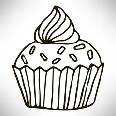 Cute hand drawn cupcake icon. Cake of black thin line contour isolated on white background. Design element for coloring book for adults. Vector illustration.