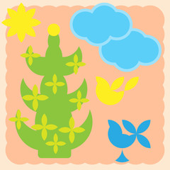 Greeting card with palm tree, clouds, sun, birds. Vector illustration.