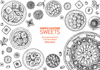 Oriental sweets vector illustration. Middle eastern food, hand drawn sketch. Linear graphic. Food menu background.