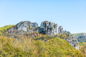 Closeup up view of Seneca Rocks during autumn, golden yellow foliage on trees, forest