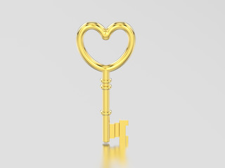 3D illustration yellow gold decorative key in the form of a heart
