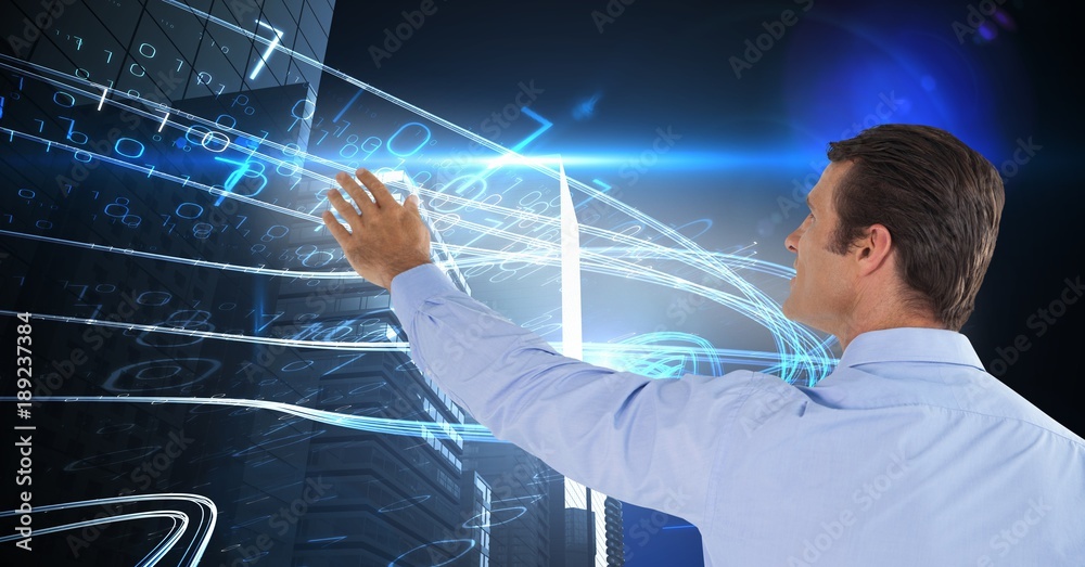 Poster man touches binary stream