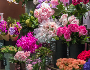 Flowers on the counter of a flower shop in Japan. Copy space for text.