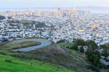 San Francisco downtown Panorama. Panoramic views of San Francisco from Twin Peaks at sunset.