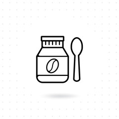 Bottle coffee bean icon. Coffee maker vector illustration. Bottle and spoon with coffee bean symbol. Coffee outline icon. Bottle of coffee beans product