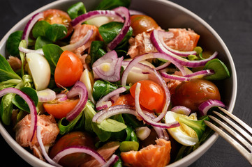 Salad with salmon, tomatoes, eggs and red onion.