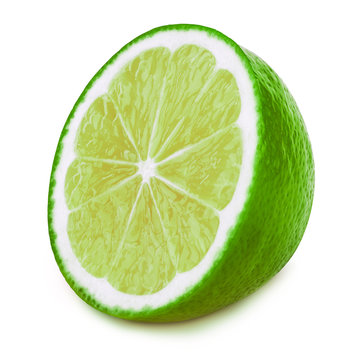 Perfectly retouched sliced half of lime fruit isolated on the white background with clipping path