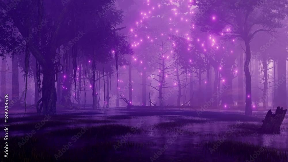 Wall mural mysterious marshy forest with supernatural fairy firefly lights soaring in the air at dark misty nig
