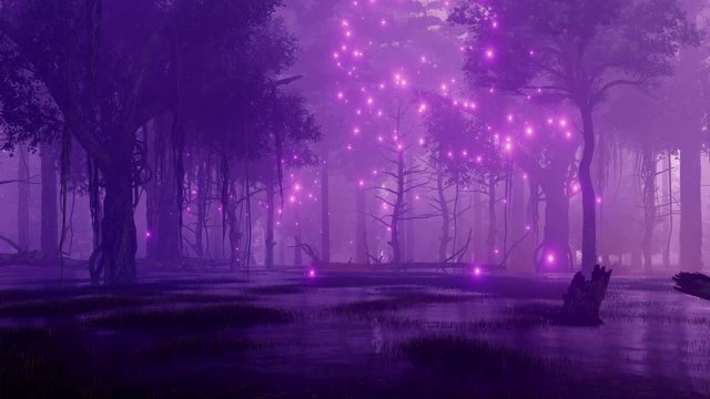 Mystical firefly lights flying around creepy dead trees on a mysterious forest swamp at dark foggy night. Fantasy 3D animation rendered in 4K