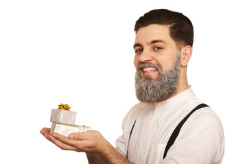Portrait of handome beard man with gift boxes isolated on white background