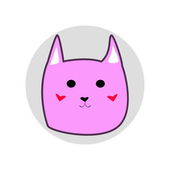 Pink cute cartoon style head of cat with black outline in shape of grey circle with cheeks in shape of pink heart vector illustration