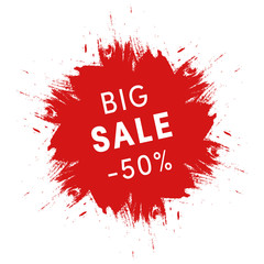 Big sale promo sign. Grunge red ink spot on white background. Shopping, special offers sign