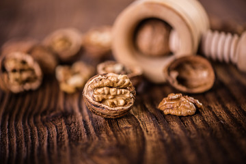 walnut kernel shell on wood table 