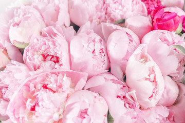 Fototapeta na wymiar Elegant bouquet of a lot of peonies of pink color close up. Beautiful flower for any holiday. Lots of pretty and romantic flowers in floral shop.