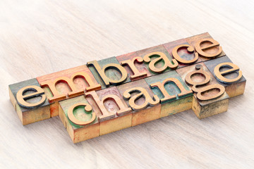 embrace change word abstract in wood type