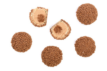 chocolate candy truffles isolated on white background. Top view