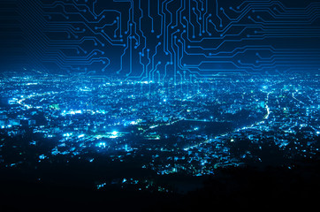 digital circuit line on blue night city background