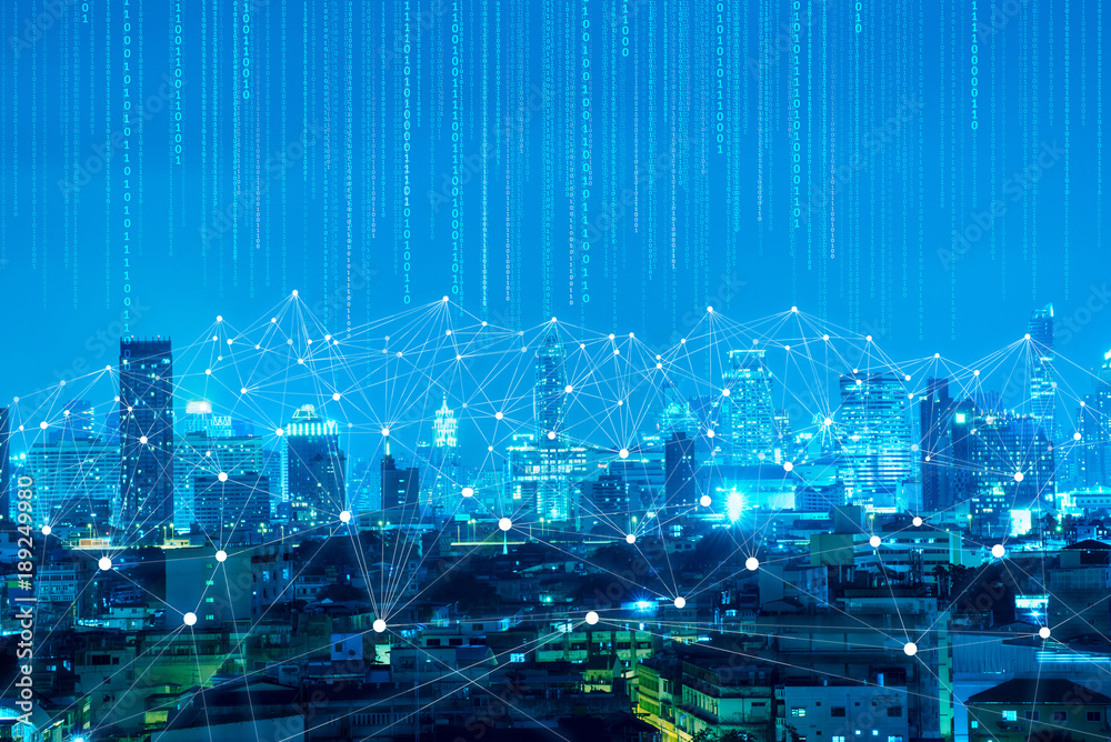 Poster abstract line connection and digital signal on night city background
