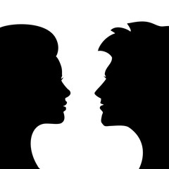 Man and woman faces close up, black and white illustration