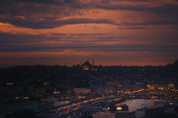 Panoramic view from Galata Bridge during twilight time