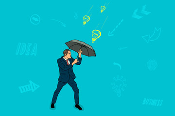 Businessman is protected by an umbrella from a hail of ideas