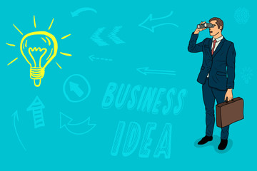 Businessman looking through binoculars. search for an idea