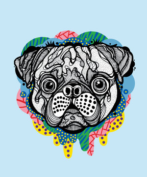Pug face with colorful drips and blue background