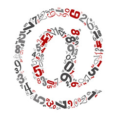 Vector conceptual red, gray and black playful funny education font made of number collection or group on character shapes isolated on white background. A modern art alphabet learning element design