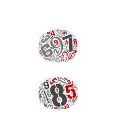 Vector conceptual red, gray and black playful funny education font made of number collection or group on character shapes isolated on white background. A modern art alphabet learning element design