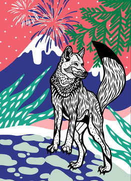Wolf with firework and mountain