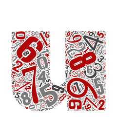 Vector conceptual red, gray and black playful funny education font made of number collection or group on character shapes isolated on white background. A modern art alphabet learning element design