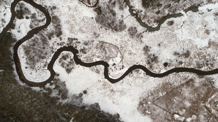Aerial landscape of natural river in winter