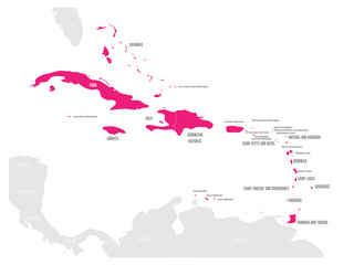 Political map of Carribean. Pink highlighted states and dependent territories. Simple flat vector illustration.
