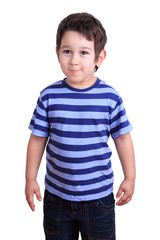 Cute little boy grimacing, isolated on white. Emotions, feelings, states of mind, childhood concept