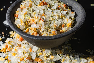 Macro collection, white sea salt mixed with italian herbs, rosemary and spices