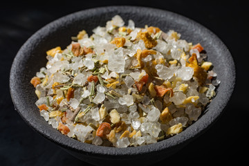 Macro collection, white sea salt mixed with italian herbs, rosemary and spices