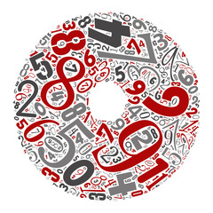Vector conceptual red, gray and black playful funny education font made of number collection or group on character shapes isolated on white background. A modern art alphabet learning element design