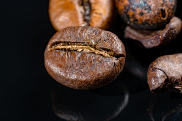 Macro collection, roasted black coffee beans close up