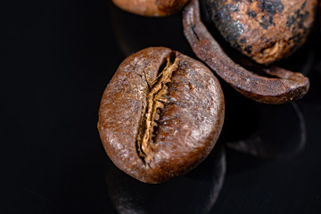 Macro collection, roasted black coffee beans close up