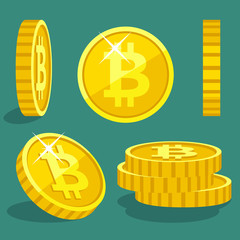 Vector flat gold coins icon with Bitcoin sign 