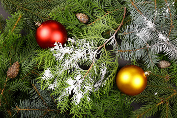 Christmas background, decor, attributes, on a wooden background. Set of fresh fir branches and ornaments of red and gold balls. Cones and bells.
